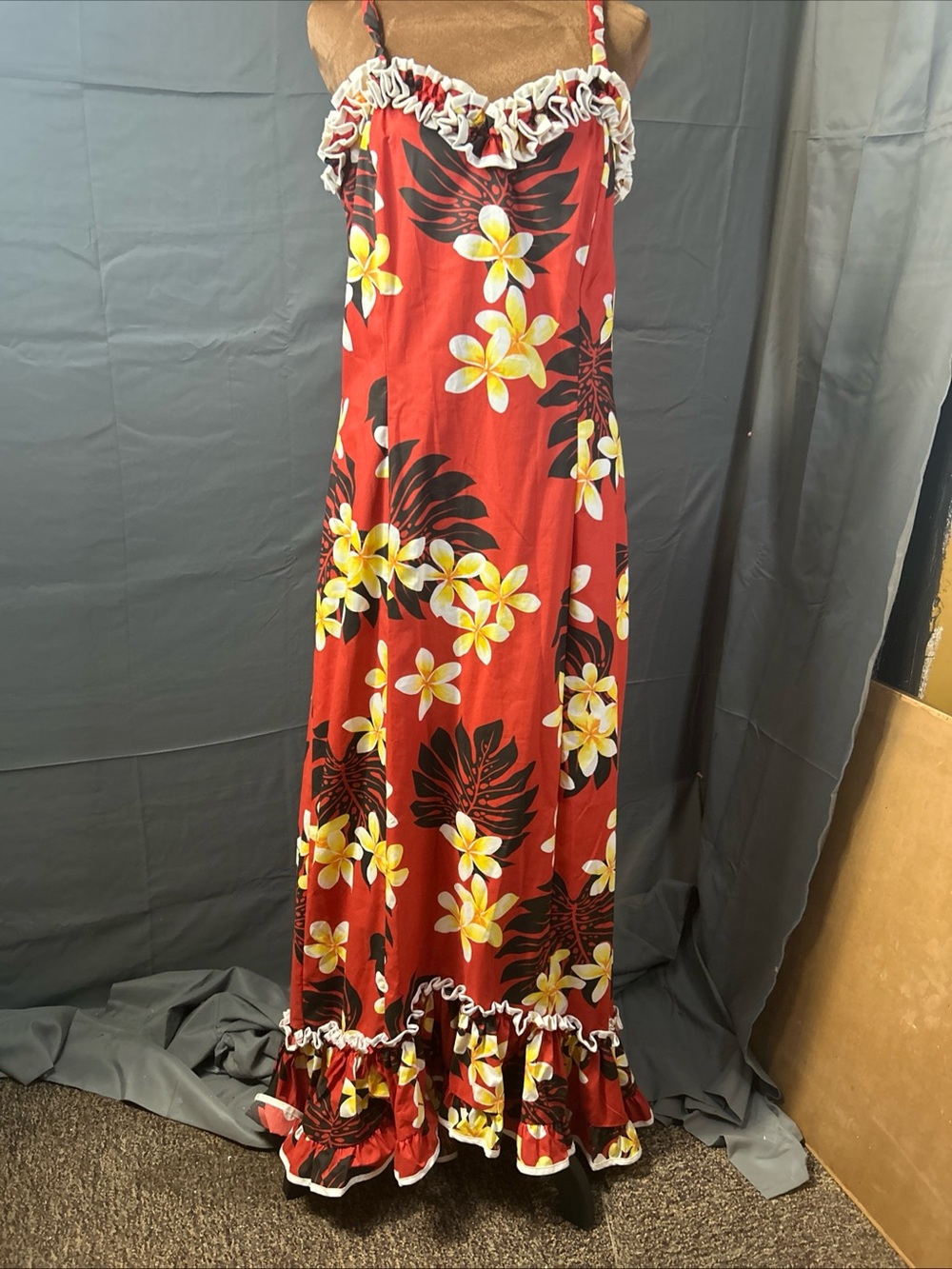 Vintage Ho Aloha Hawaiian Ruffle Fishtail Muumuu Dress Red Plumeria Hibiscus